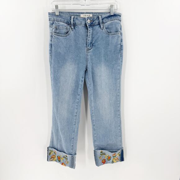 Charlie B Floral Embroidered Cuffed Light Wash Jeans Women's Size 6 - Picture 1 of 12